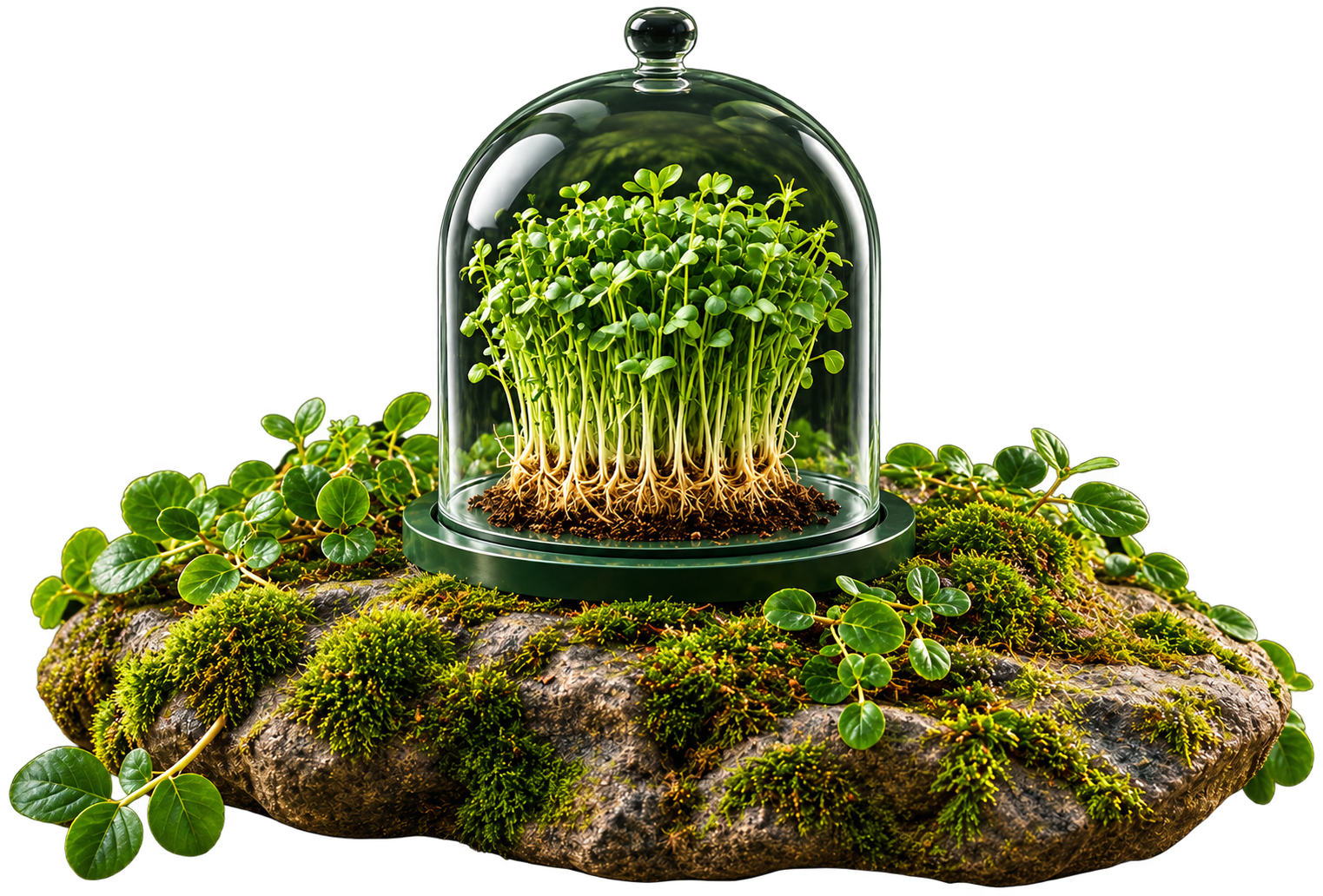 Fresh pea shoot microgreens under a glass dome