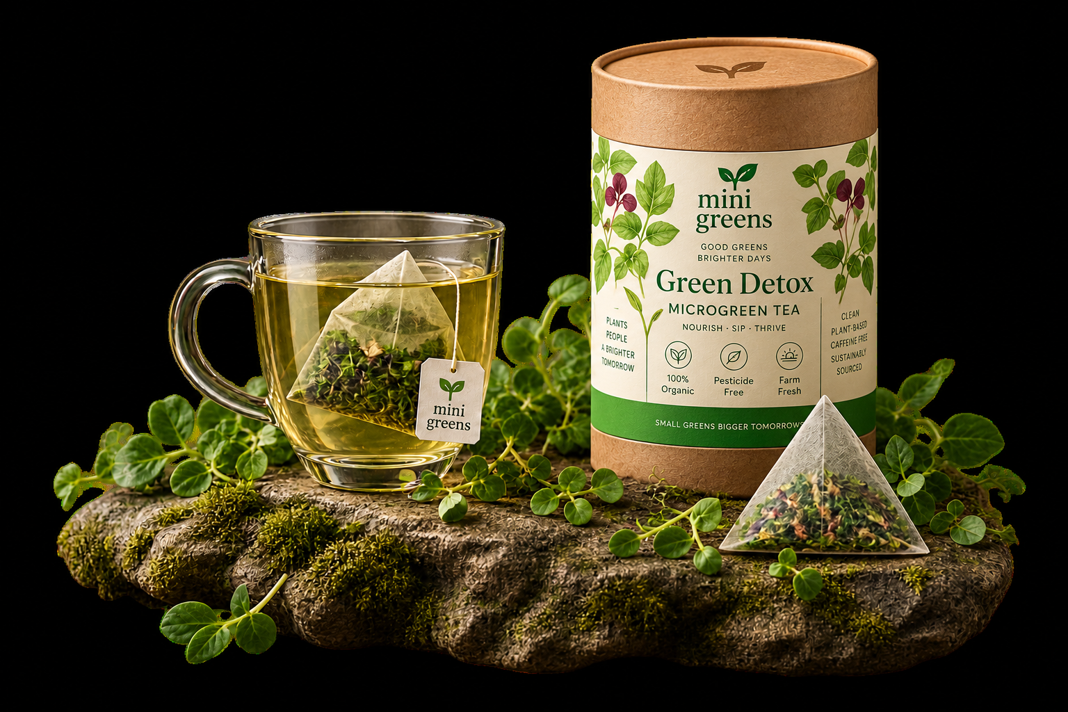 A glass cup of microgreen tea beside a Mini Greens Microgreen Tea box